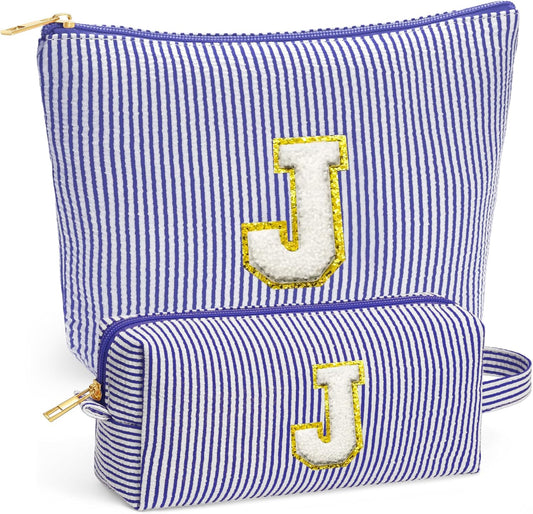 Travel Essentials - Portable Travel Toiletry Bag for Women, Initial Makeup Kit Organizer Make up Cosmetic Bag Set Blue Stuff Birthday Gifts for Women Daughter Mom, Blue Letter J