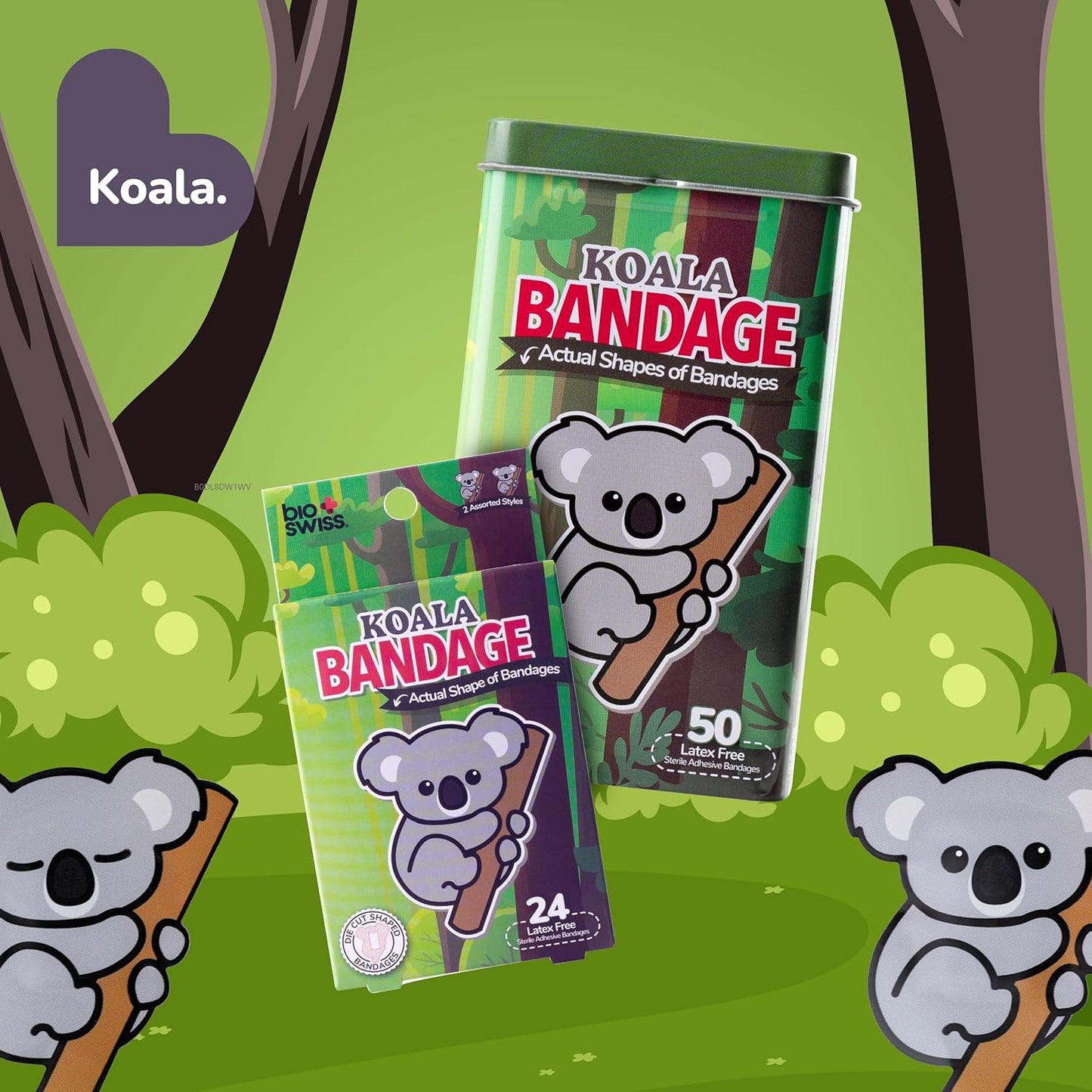 BioSwiss Kids Bandages, Koala Shaped Self Adhesive Bandage Set, Latex Free, Sterile Wound Care, 50 Count