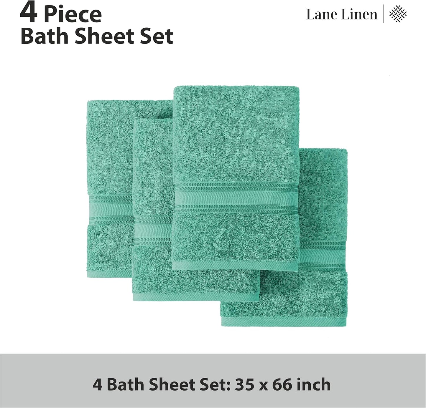 LANE LINEN Large Teal Cotton Bath Sheets, 4 Piece Set, Quick Dry, Super Soft Shower Towels, Highly Absorbent