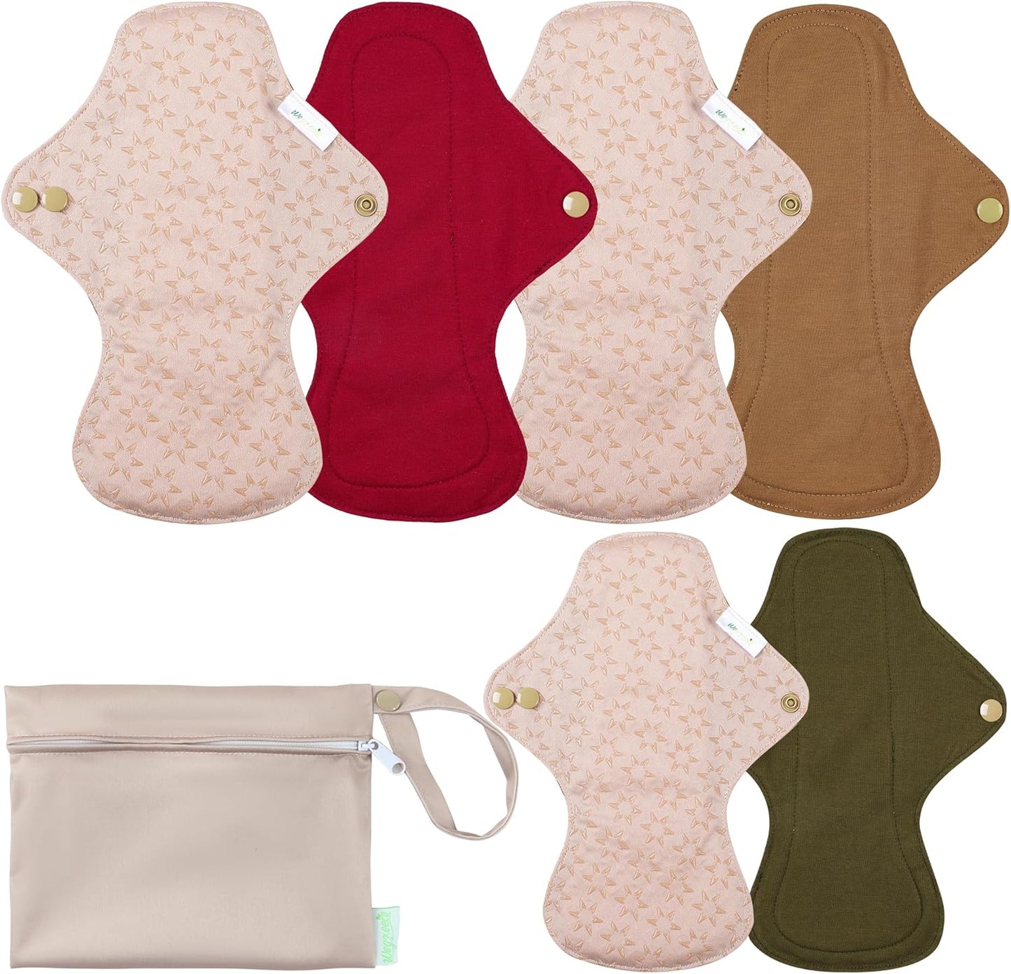 wegreeco 6 Pcs Reusable Menstrual Pads, Ultra Absorbent Cloth Pads for Heavy Flow, Sanitary for Teens, Women, Nonslip, Inner Aqua, Burgundy, Coffe, Rose Gold Outer, M