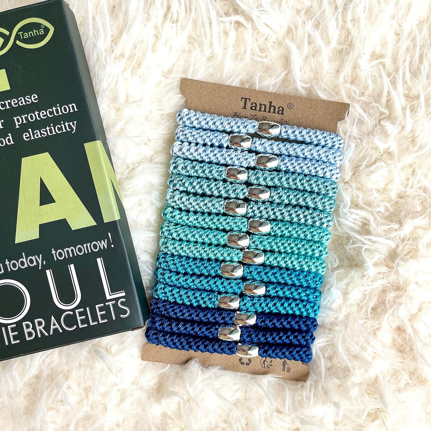 Tanha 15Pcs Hair Tie Bracelet,Hair Ties For Women Men,Ponytail Holders For Thick Hair,Strong Stretchy No Damage No Crease Hair Bands (Blue)