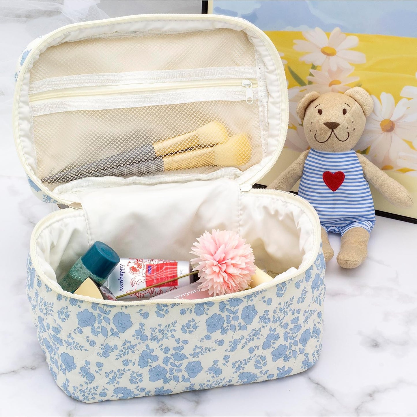 PAZIMIIK 3PCS Makeup Bag SET Large Travel Quilted Zipper Soft Cosmetic Case Pouch for Women Girls Make Up,Little Flower Blue