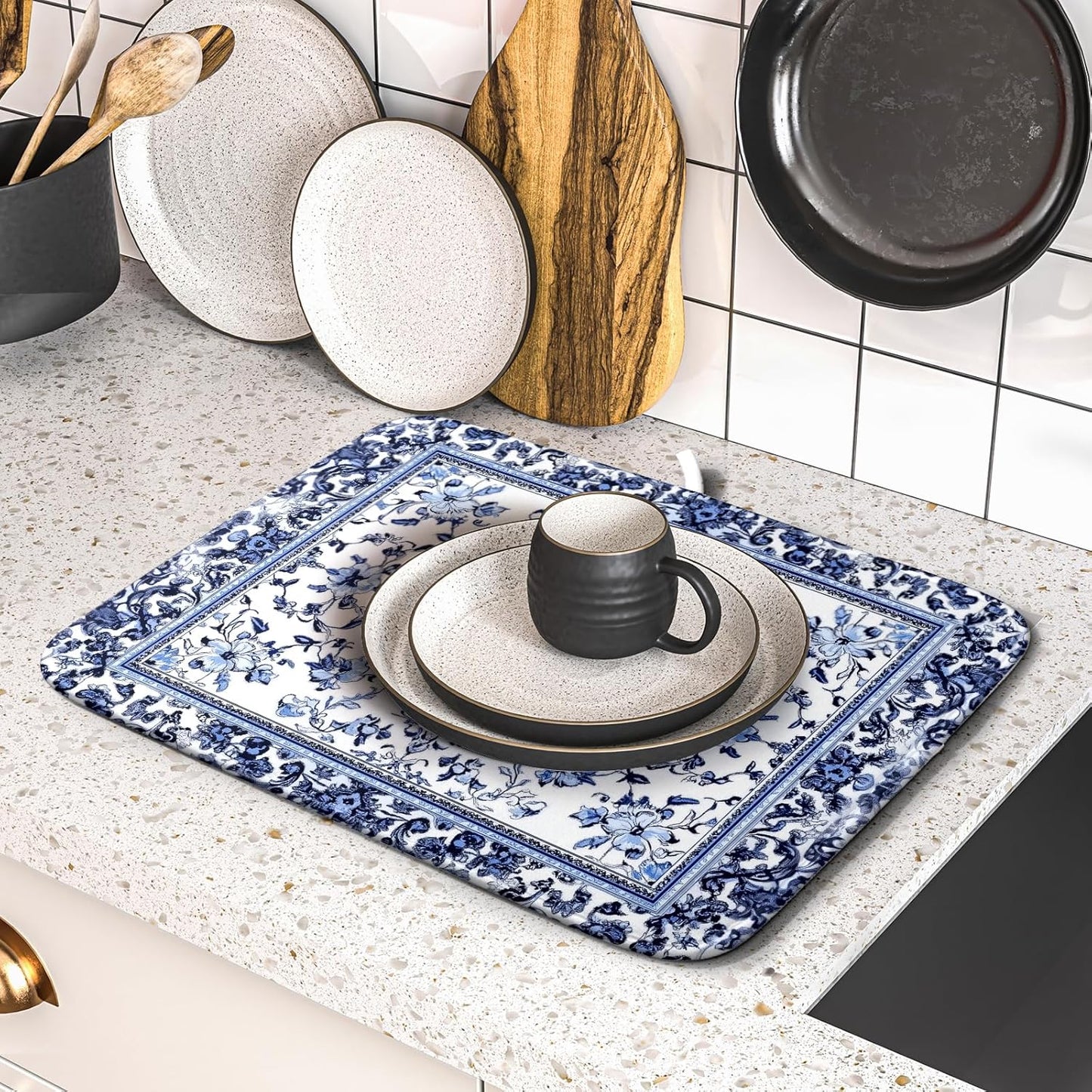 Boho Floral Dish Drying Mat 16x18 Inch Blue Leaves Kitchen Drying Pad Reversible Absorbent Dish Drainer Rack Mats Counter Tableware Decor