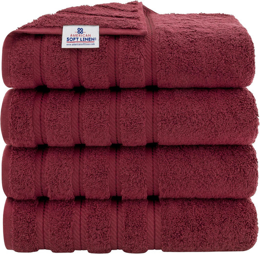American Soft Linen Luxury 4 Piece Bath Towel Set, 600 GSM 100% Cotton Turkish Bath Towels for Bathroom 27x54 in Extra Large Bathroom Shower Towels, Bordeaux Red