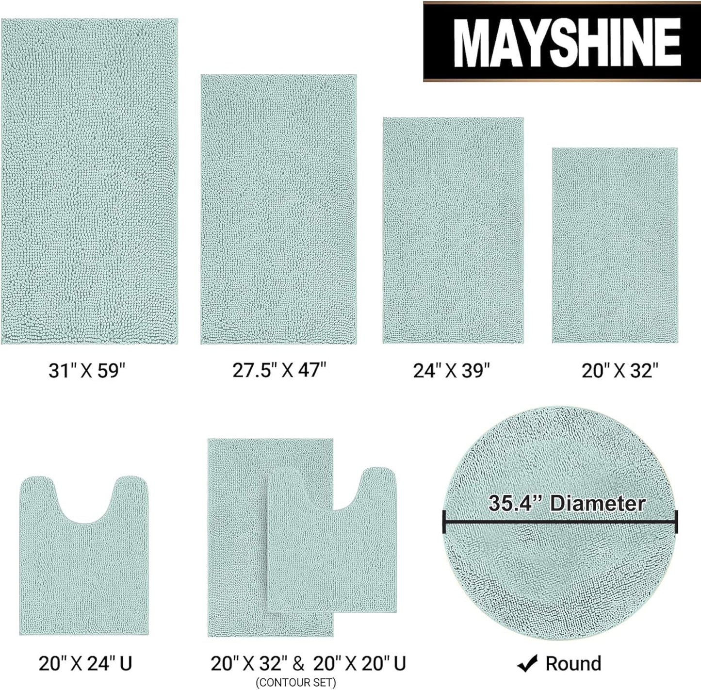 MAYSHINE Round Area Rug Set for Bathroom | Soft Plush Chenille Bath Mat, Water Absorbent Non-Slip Bathroom Rug | Washable Shag Carpet for Shower, Bedroom, or Home Décor | 36"x36" (Round) | Spa Blue