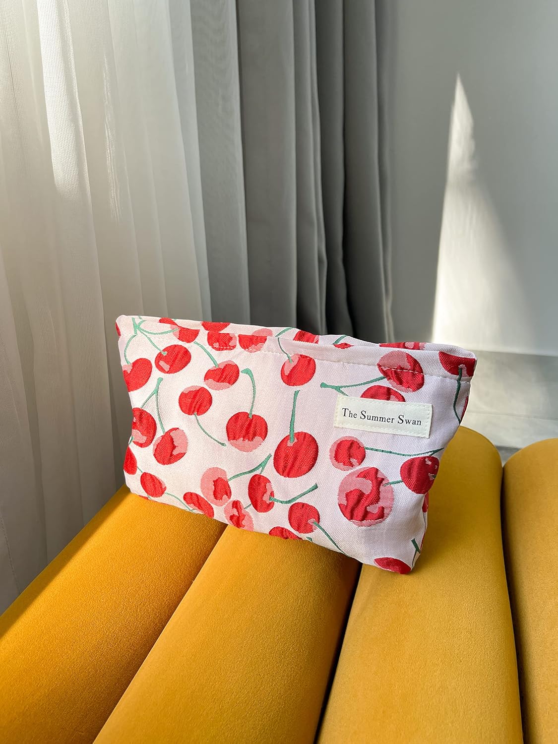 The Summer Swan | Large Aesthetic Makeup Bag | Preppy Skincare Organizer | Floral Mid-day Clutch | Period Kit Hygiene Bag (Classic Red Cherry)