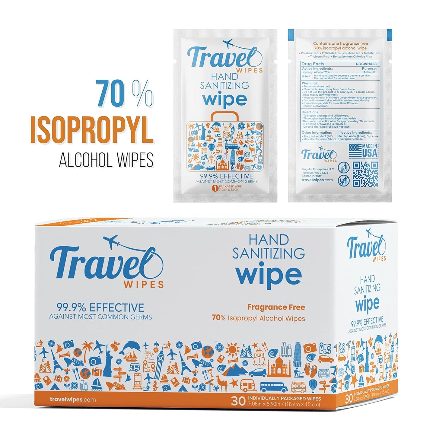 Hand Sanitizing Travel Wipes – 30ct Individually Wrapped | Fragrance-Free, Moisturizing, 70% Isopropyl Alcohol Wipes | Travel, Home, Office, Daily Use | Made in USA