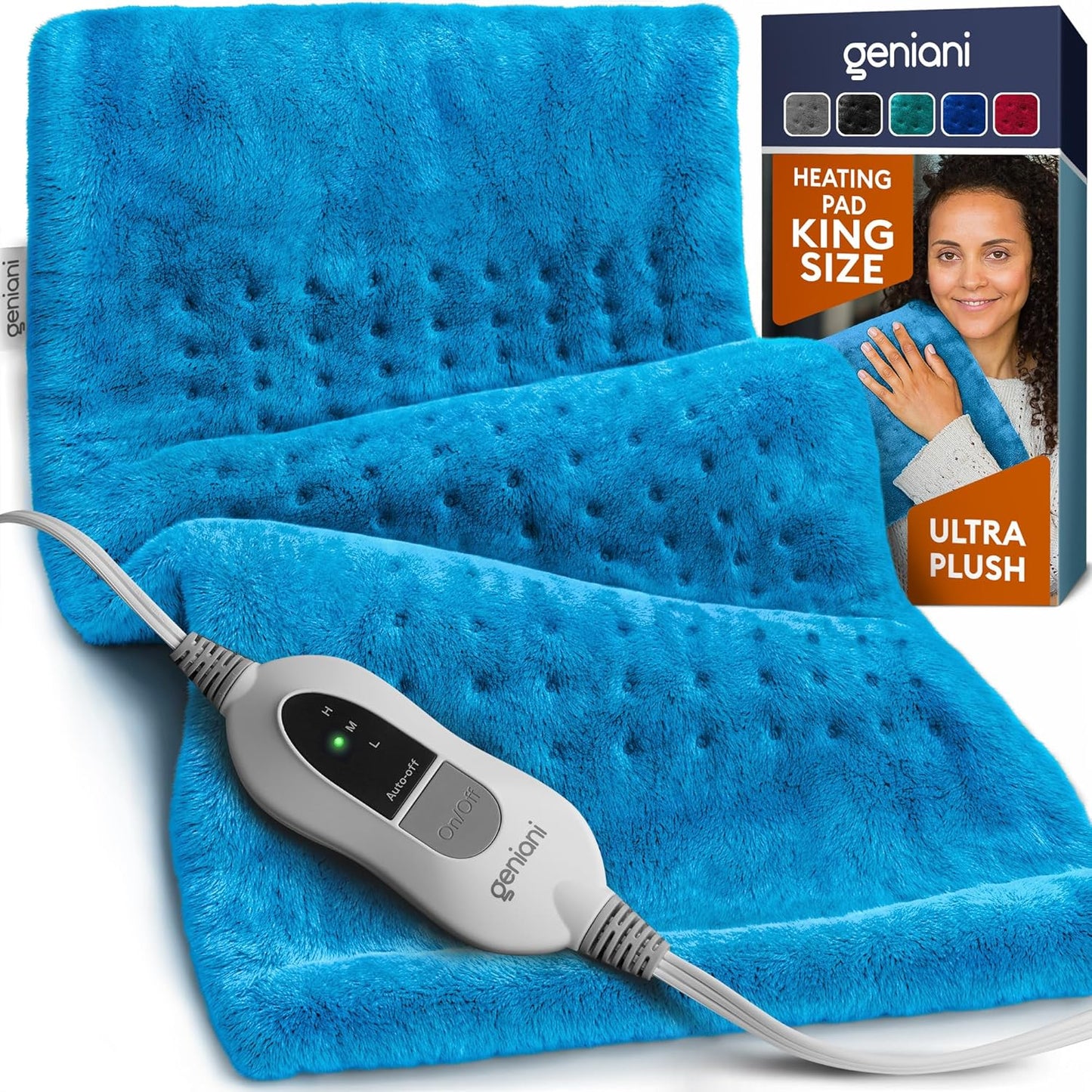 GENIANI Electric Throw - XL Heating Pad for Back Pain & Menstrual Pain Relief, Auto Shut Off, Machine Washable, Moist Heat Pad for Neck and Shoulder, Cramps Relief, 12'‘×24’’ (Aqua Blue)