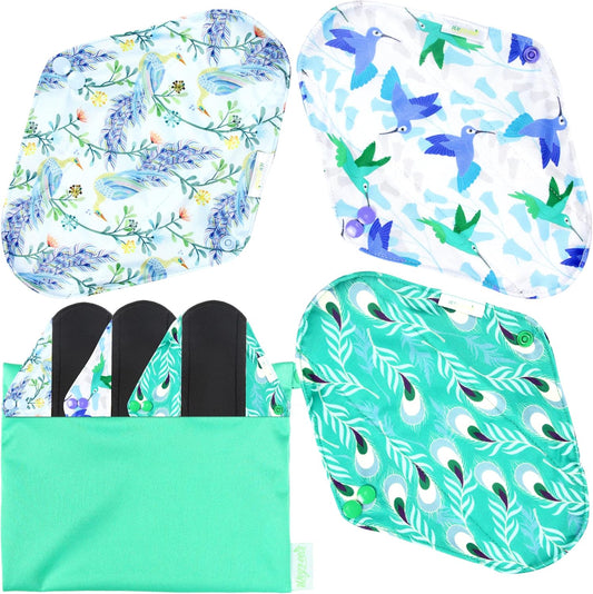 wegreeco Reusable Menstrual Pads - Reusable Sanitary Pads | Reusable Panty Liners | Soft Cloth Menstrual Pads - 6 Pack with 1 Cloth Mini Wet Bag (Large, Peacock