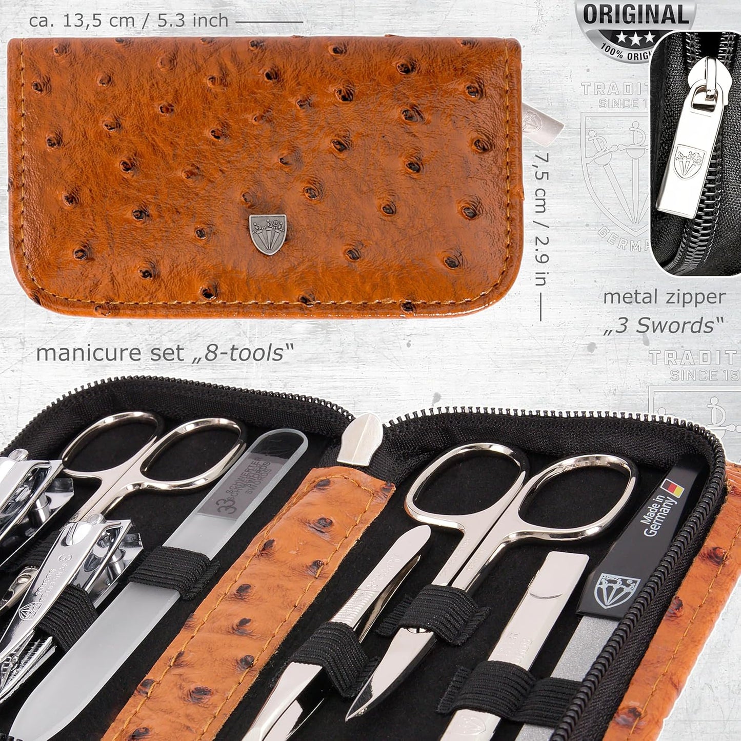 3 Swords Germany - brand quality 8 piece manicure pedicure grooming kit set synthetic leather case ostrich cognac - Made in Germany