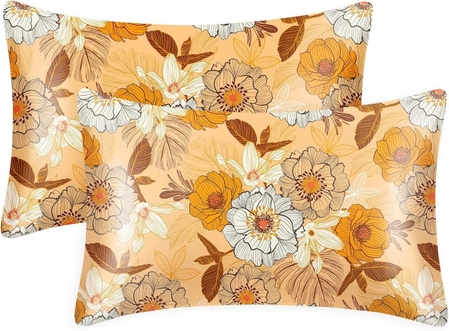EXQ Home Satin Pillowcase for Hair and Skin Queen - Printed Autumn Flowers Silk Pillow Cases 2 Pack 20x30 inches - Satin Pillow Cases Set of 2 with Envelope Closure, Gifts for Women Men