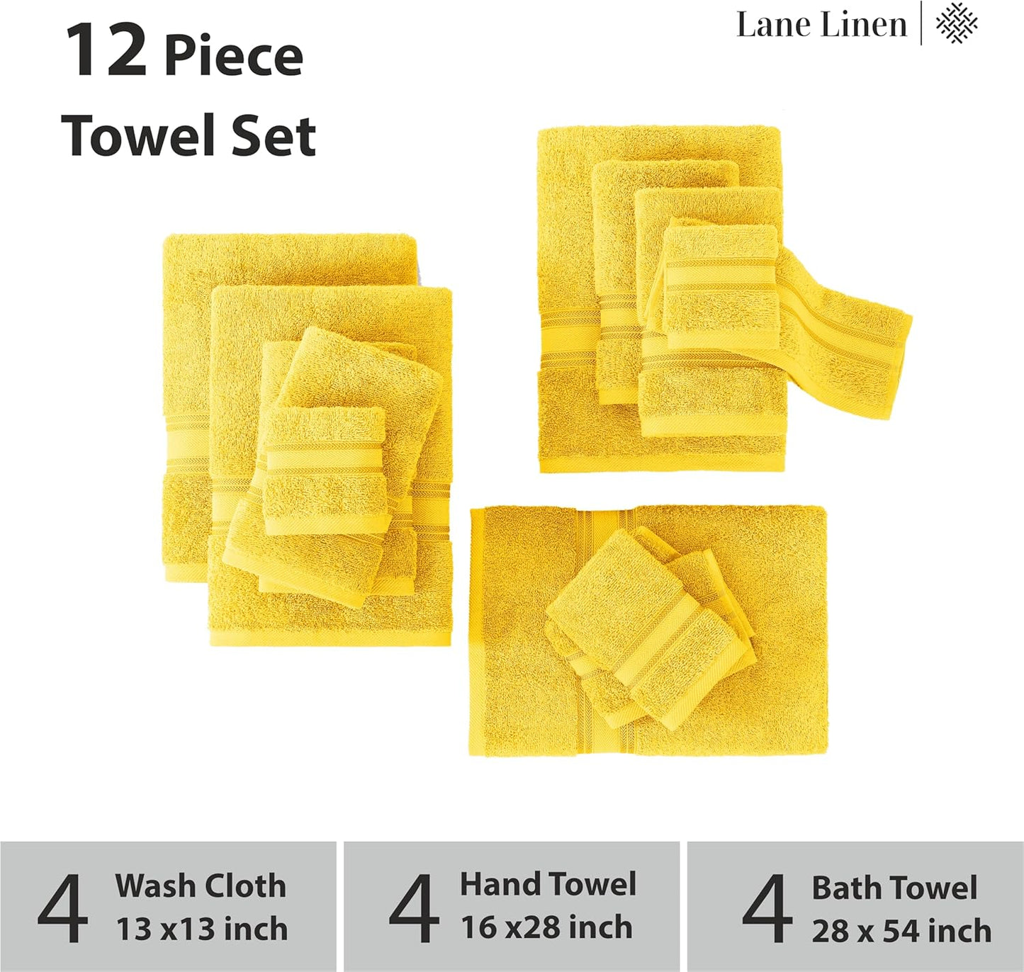 LANE LINEN Luxury Bath Towels Set - 12 Piece Set, 100% Cotton Bathroom Towels, Zero Twist Shower Towels, Extra Absorbent Bath Towel, Super Soft, 4 Bath Towels, 4 Hand Towels, 4 Wash Cloths - Mimosa