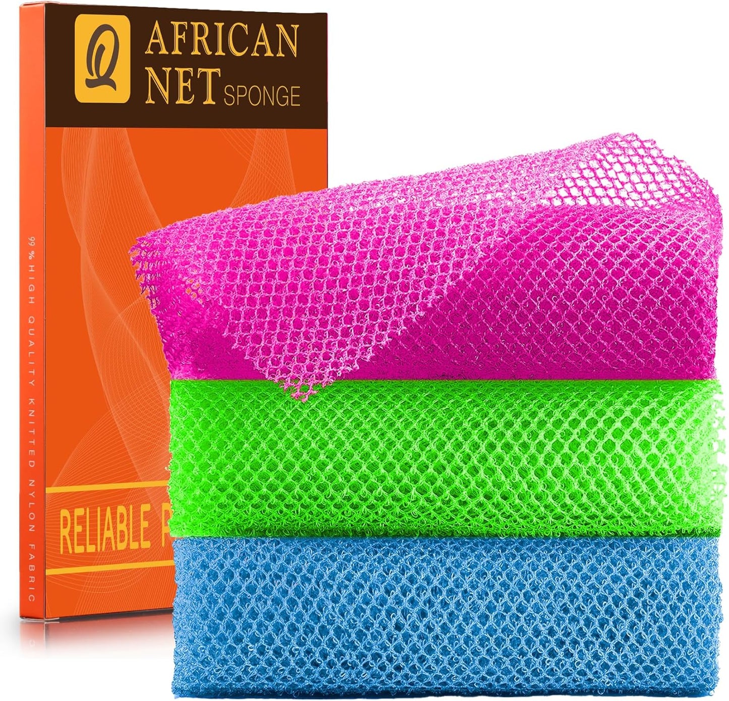 UJFQBH 3 Pieces African Bath Sponge African Net Long Net Bath Sponge Exfoliating Shower Body Scrubber Back Scrubber Skin Smoother,Great for Daily Use (Rose Red, Blue, Green)