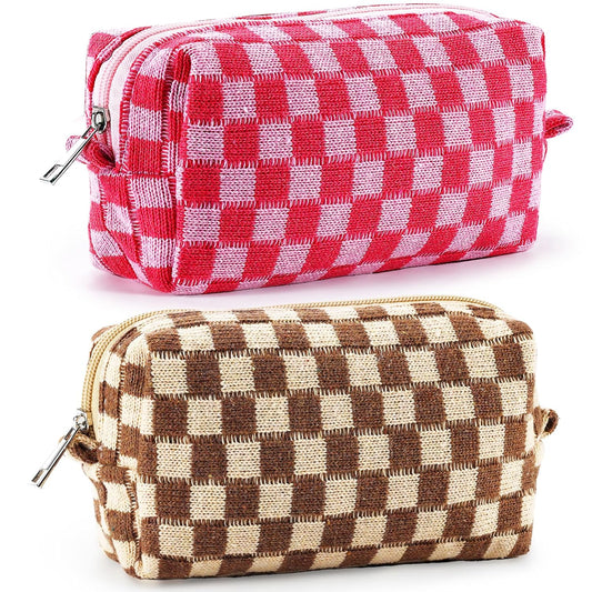 ZLFSRQ 2Pcs Checkered Pencil Case Cute Pencil Pouch for Teens Checkered Makeup Bag Medium Travel Cosmetic Bag Preppy Makeup Pouch for Purse Aesthetic Zipper Toiletry Bags Organizer(Pink/Brown)
