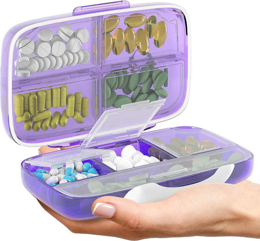 Travel Pill Organizer - Airtight Medicine Case for Traveling Portable Pharmacy Box with Labels Vitamin Container 8 Compartment Supplement Medication Holder Large Capacity Daily (Purple)