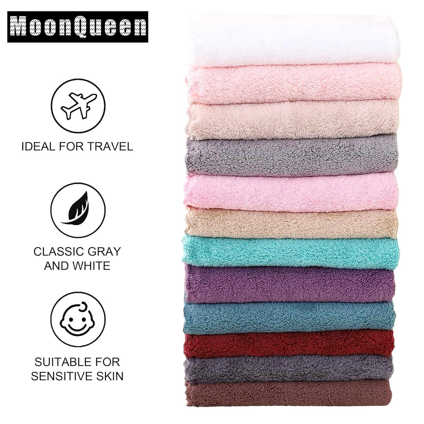 MOONQUEEN Microfiber Facial Cloths Fast Drying Washcloth 12 Pack - Premium Soft Makeup Remover Cloths - Multicolored
