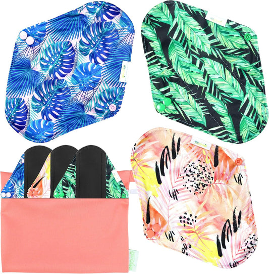 wegreeco Reusable Menstrual Pads - Reusable Sanitary Pads | Reusable Panty Liners | Soft Cloth Menstrual - 6 Pack with 1 Cloth Mini Wet Bag (Medium, Leaves