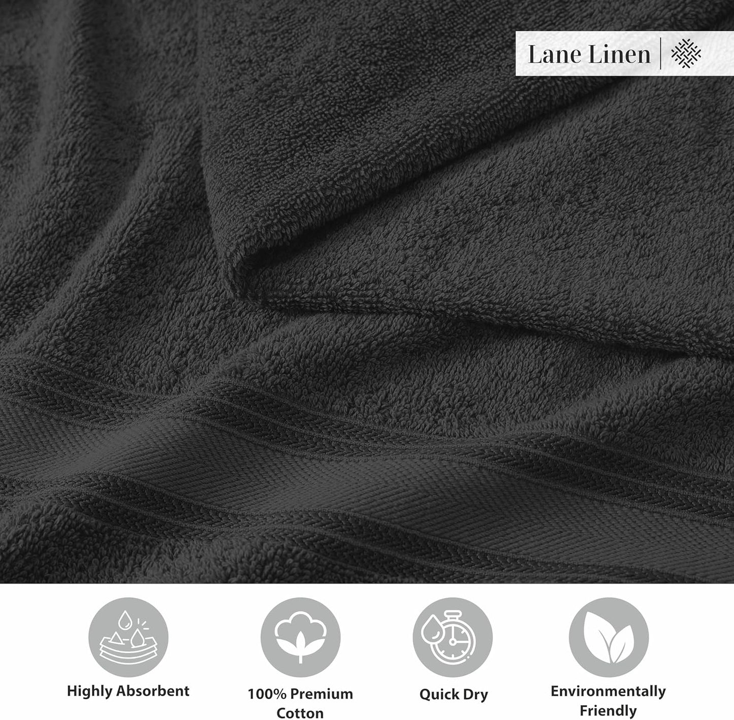 LANE LINEN 100% Cotton Bath Towels 4 Pack (28"x54") - Zero Twist, Mercerized Cotton Large Towel Set for Bathroom - Quick Dry, Soft & Absorbent Large Bath Towel Set - Oeko Tex Certified - Black Towels