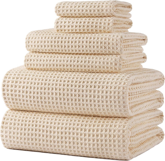 POLYTE Oversize, 60 x 30 in., Quick Dry Lint Free Microfiber Bath Towel Set, 6 Piece (Waffle Weave)