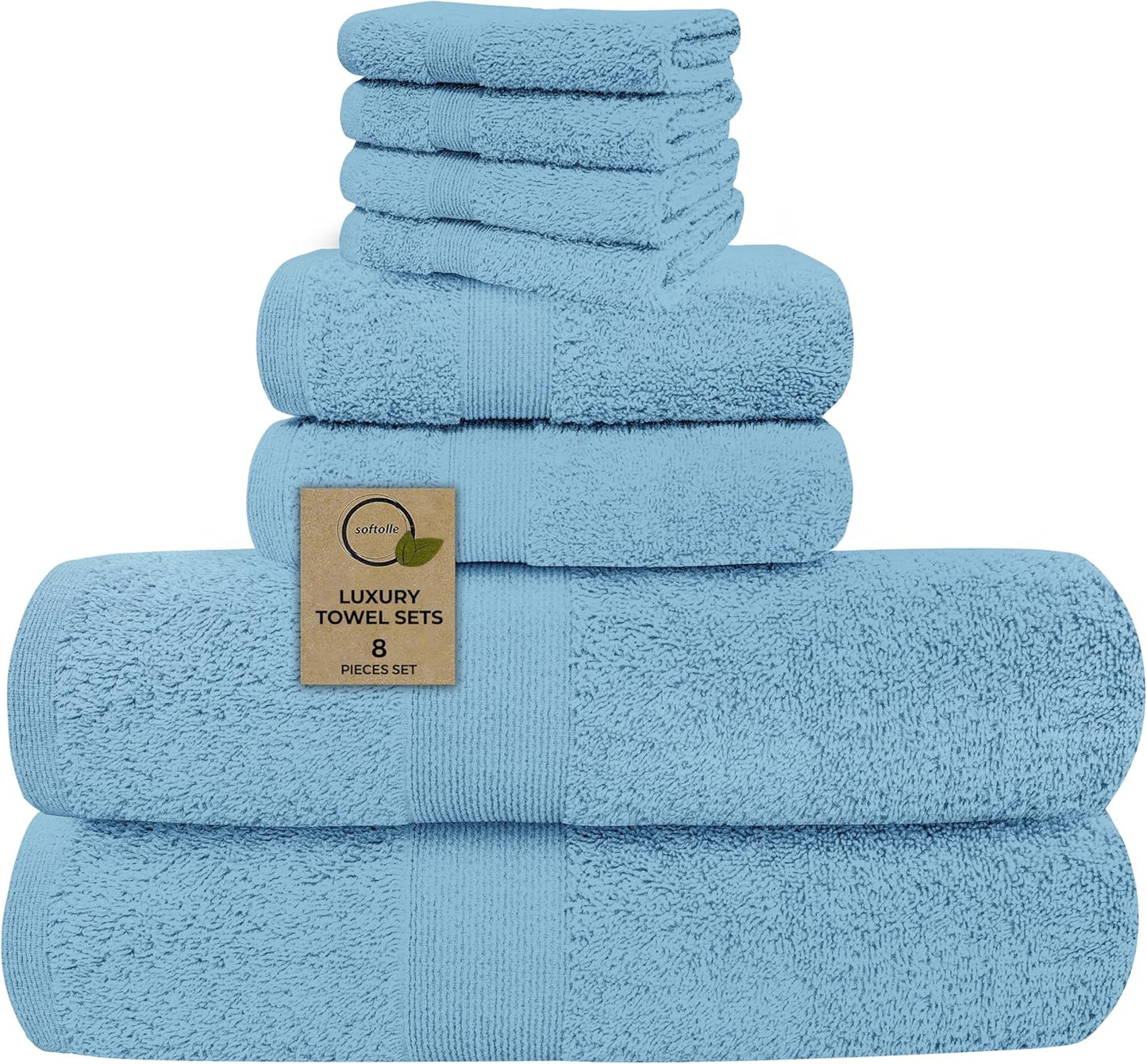 Luxury 8 Piece Towel Set, 2 Bath Towels 2 Hand Towels 4 Washcloths, Towels for Bathroom, Home, Spa & Gym - Highly Absorbent Ultra Soft Quick-Dry (Sky Blue)