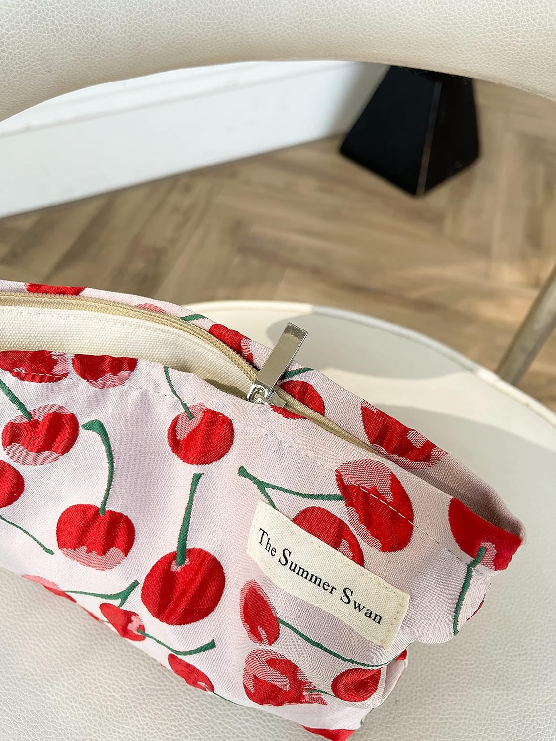 The Summer Swan | Large Aesthetic Makeup Bag | Preppy Skincare Organizer | Floral Mid-day Clutch | Period Kit Hygiene Bag (Classic Red Cherry)