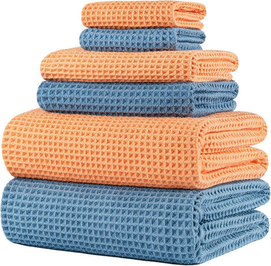 POLYTE Oversize, 60 x 30 in., Quick Dry Lint Free Microfiber Bath Towel Set, 6 Piece (Waffle Weave)