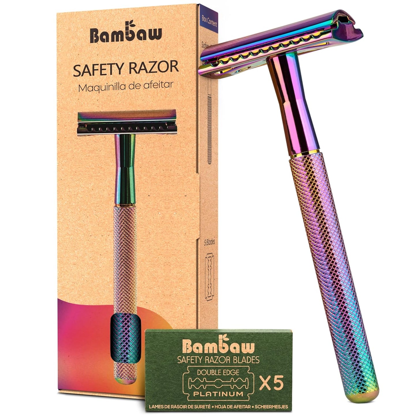 Bambaw Double Edge Safety Razor with 5 Safety Razor Blades, Women & Men’s Safety Shaving Razor, Reusable Razor, Plastic Free – Rainbow