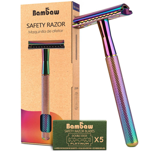 Bambaw Double Edge Safety Razor with 5 Safety Razor Blades, Women & Men’s Safety Shaving Razor, Reusable Razor, Plastic Free – Rainbow