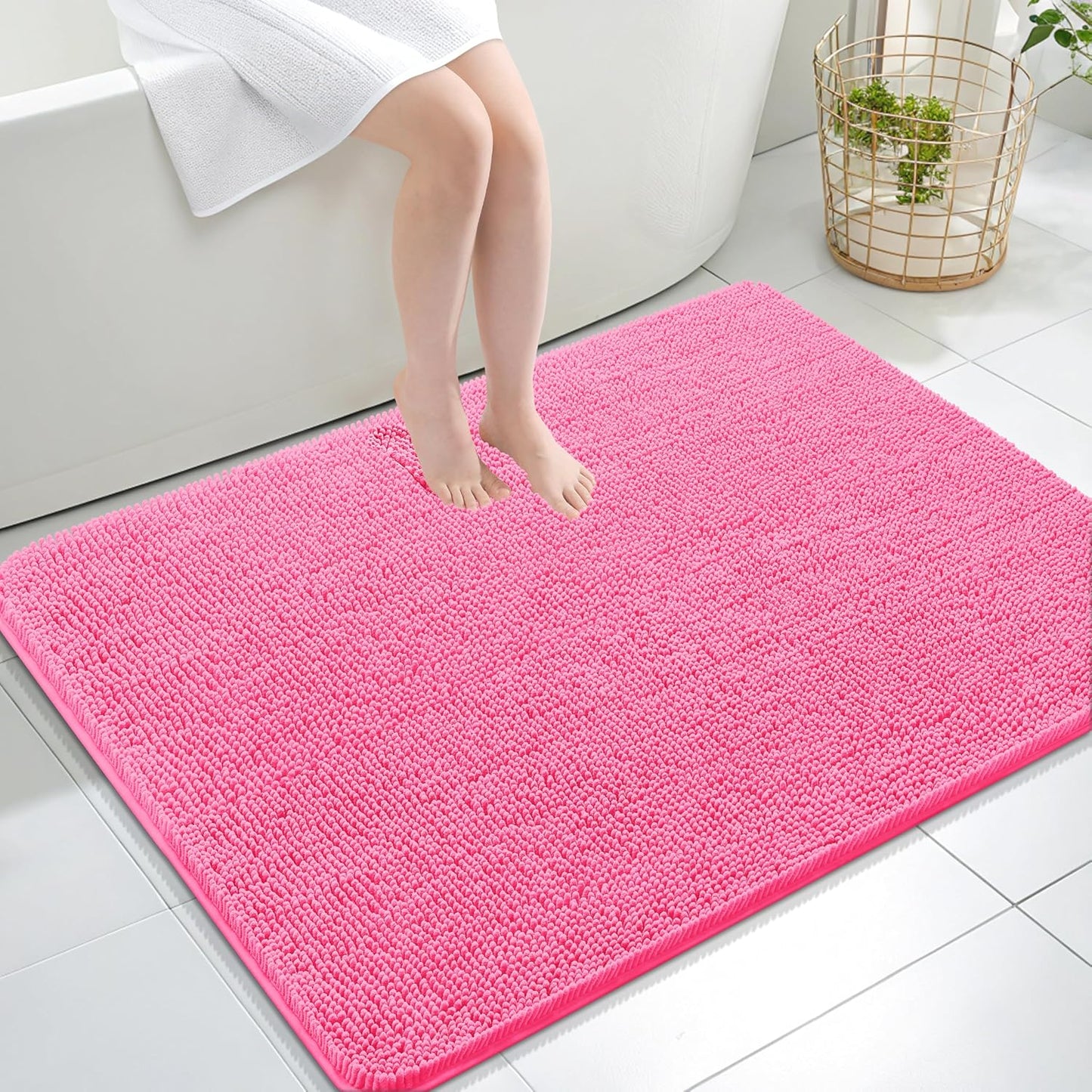 OLANLY Bathroom Rugs 40x32, Extra Soft Absorbent Chenille Bath Rugs, Rubber Backing Quick Dry, Machine Washable Bath Mats for Bathroom Floor, Tub and Shower, Home Decor Accessories, Hot Pink
