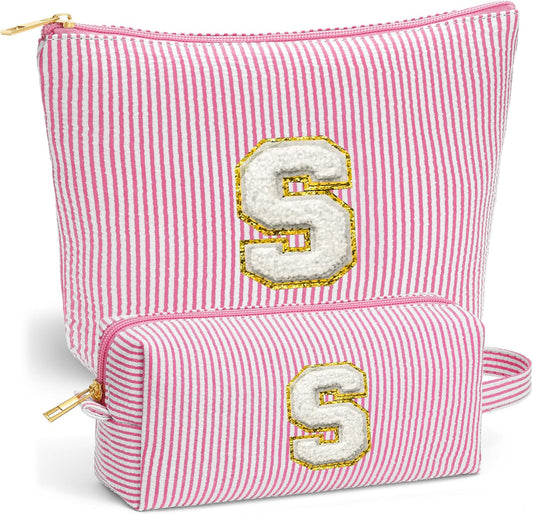 Sister Birthday Gifts for Girls - Travel Makeup Bag, Big Sister Gifts for Girls 6-12 Year Old Girl Gift Teen Girl Gifts Trendy Stuff, Cute Stuff Initial Makeup Bags Set, Pink Letter S