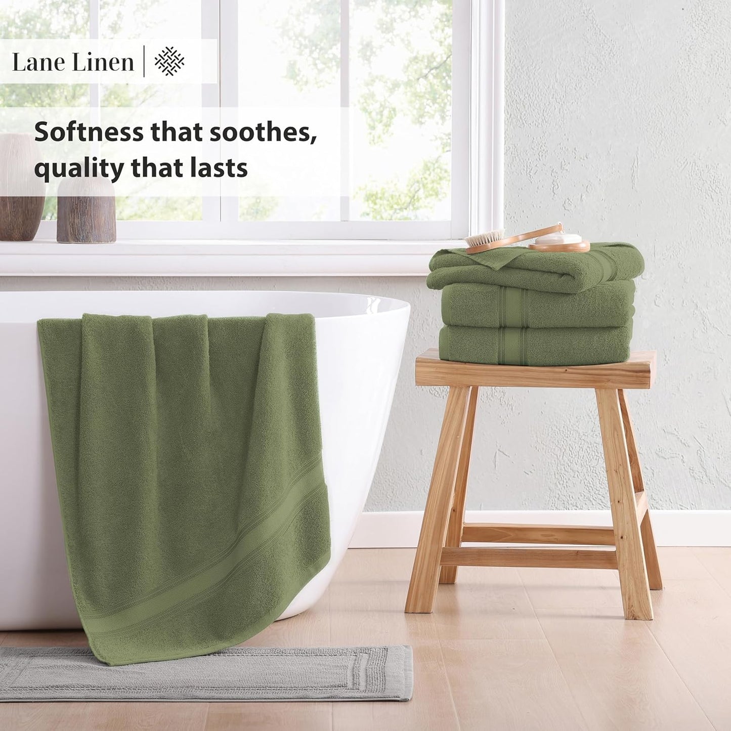 Lane Linen 100% Cotton 4 Pack Bath Towels (30"x60") - Zero Twist, Mercerized Cotton Bathroom Towel Set - Quick Dry, Extra Soft & Absorbent Large Bath Towels - Tumble Dry Regains Fluffiness - Oil Green