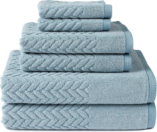 Texere 100% Organic Cotton Jacquard 650 GSM Premium Bath Towel Sets - Extra Absorbent Quick Dry and Plush, 2 Large Bath Towels, 2 Hand Towels, 2 Washcloths (Cable, Smoke Blue, 6 Piece)