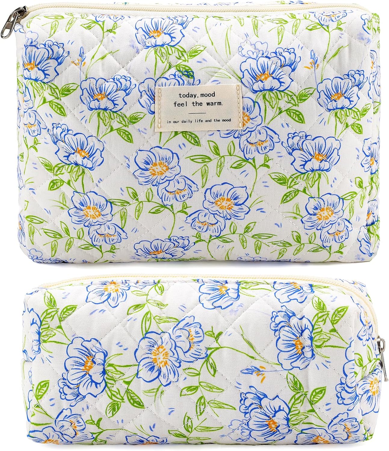 Quilted Cotton Cosmetic Bag 2Pcs Coquette Makeup Bag Travel Makeup Bag for Women Large Makeup Pouch Aesthetic Floral Cosmetic Pouch Toiletry Bag for Women Gift for Lover Daughter Sister Mom