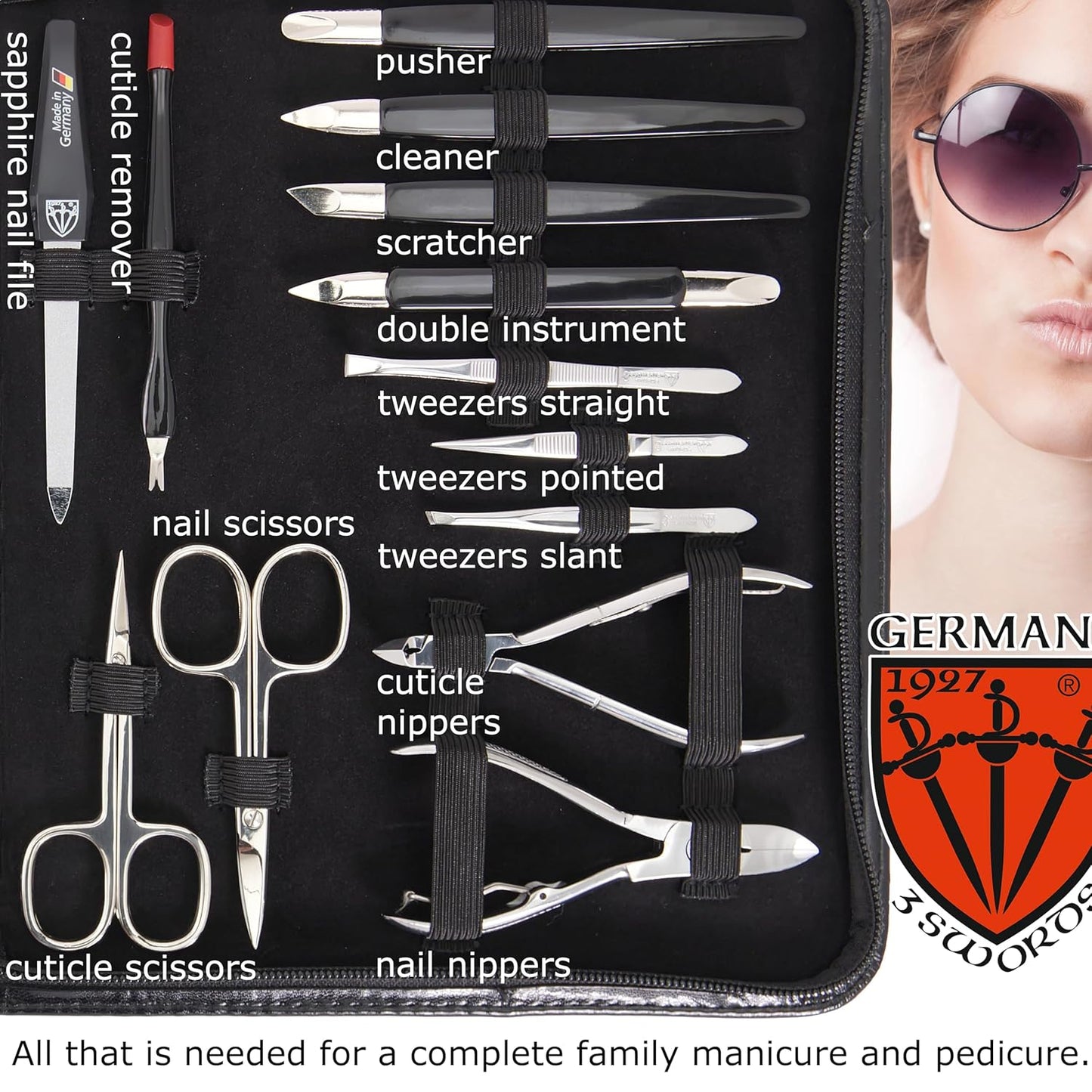 3 Swords Germany - Brand Quality 23 Piece Manicure Pedicure Grooming kit Set for Professional Finger & Toe Nail Care Tweezers File Clipper Fashion Leather case in Gift Box, Made by 3 Swords (0293)