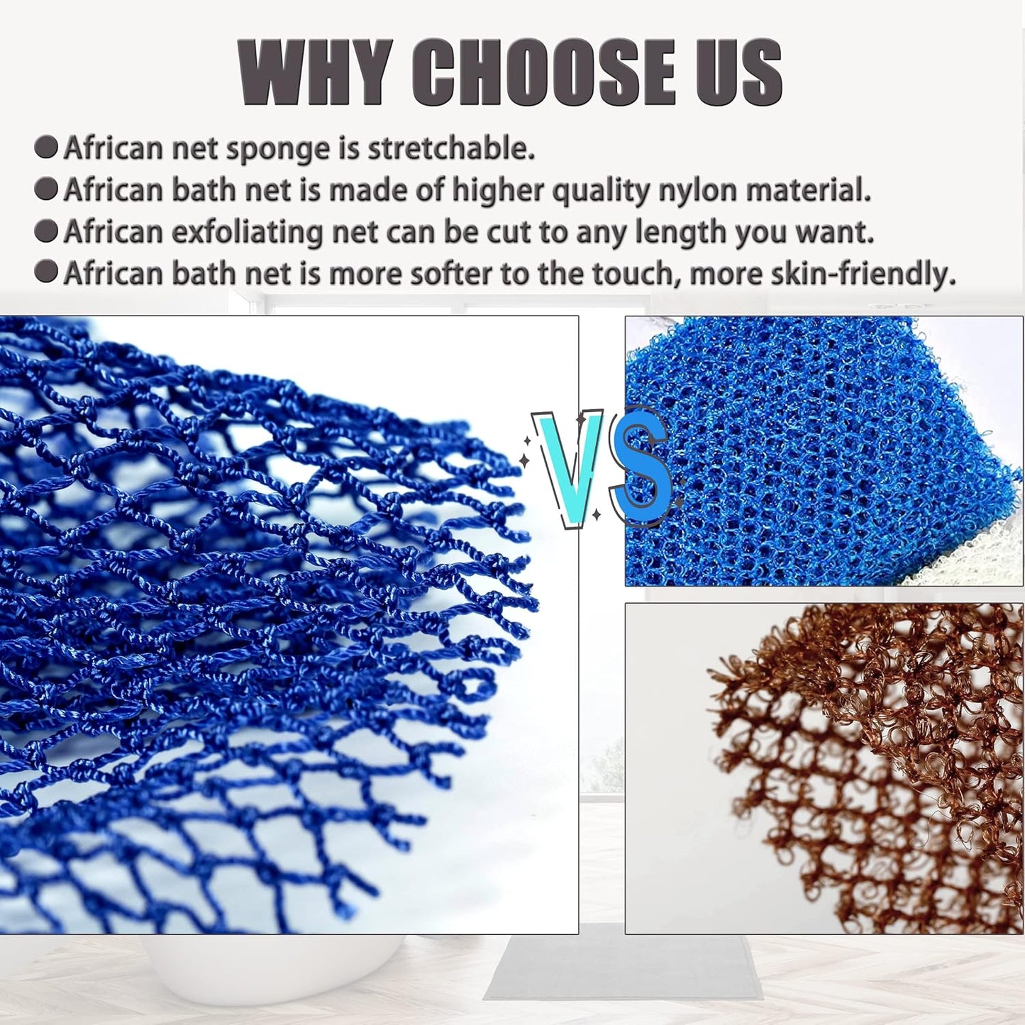African Net Sponge, 2 Pieces Exfoliating Premium Nylon Bathing/Wash Net for Daily Back Body Scrub Scrubber Shower Net (Black, Blue) …