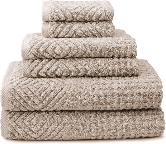 Texere 100% Organic Cotton Diamond Jacquard 700 GSM Luxury Bath Towel Sets - 2 Large Bath Towels, 2 Hand Towels, 2 Washcloths (Diamond, Oxford Tan, 6 Piece)