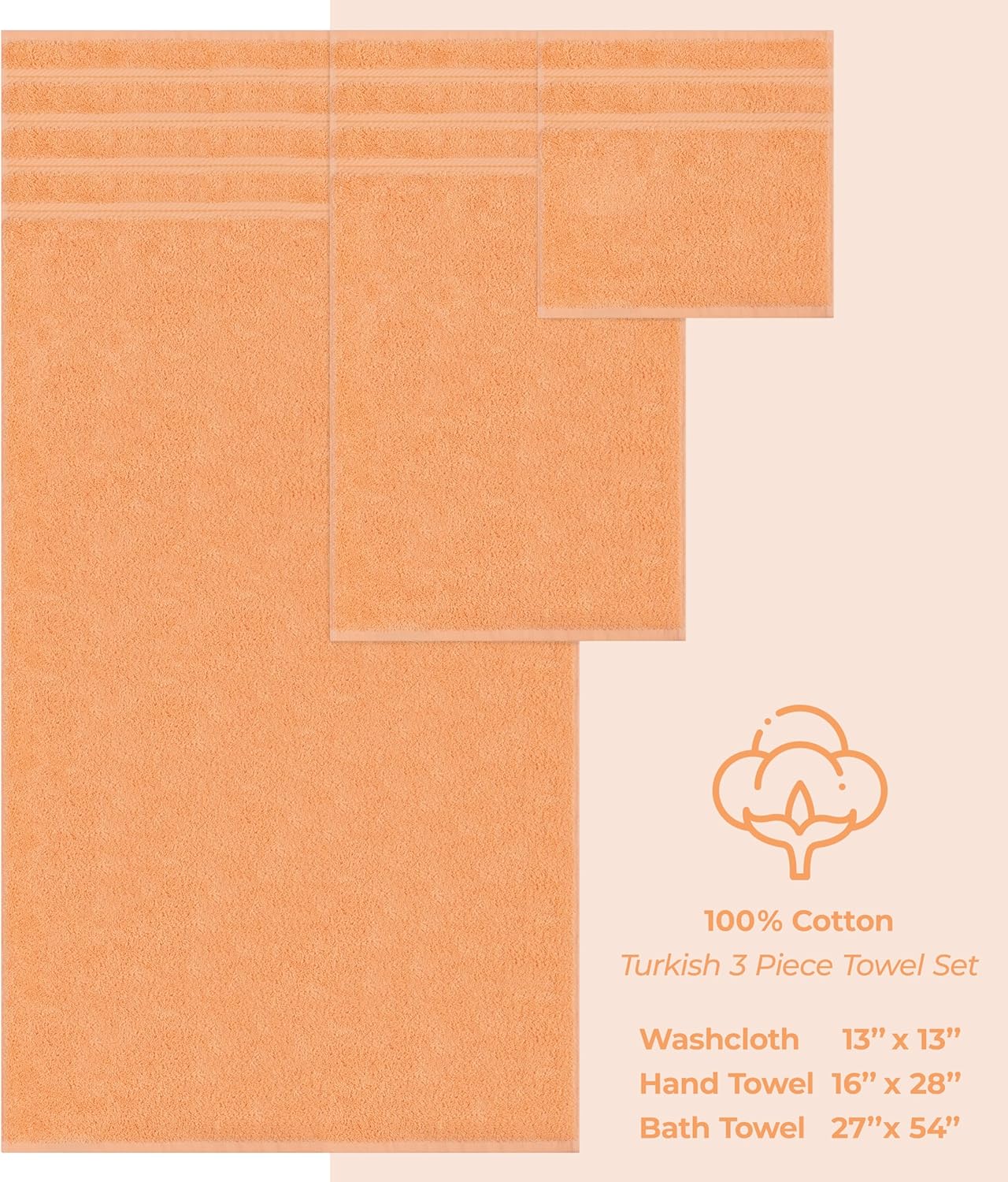 American Soft Linen Premium 3 Piece Towel Set, 1 Bath Towel 1 Hand Towel 1 Washcloth, 600 GSM 100% Cotton Turkish Towels for Bathroom, Peach Towel Set