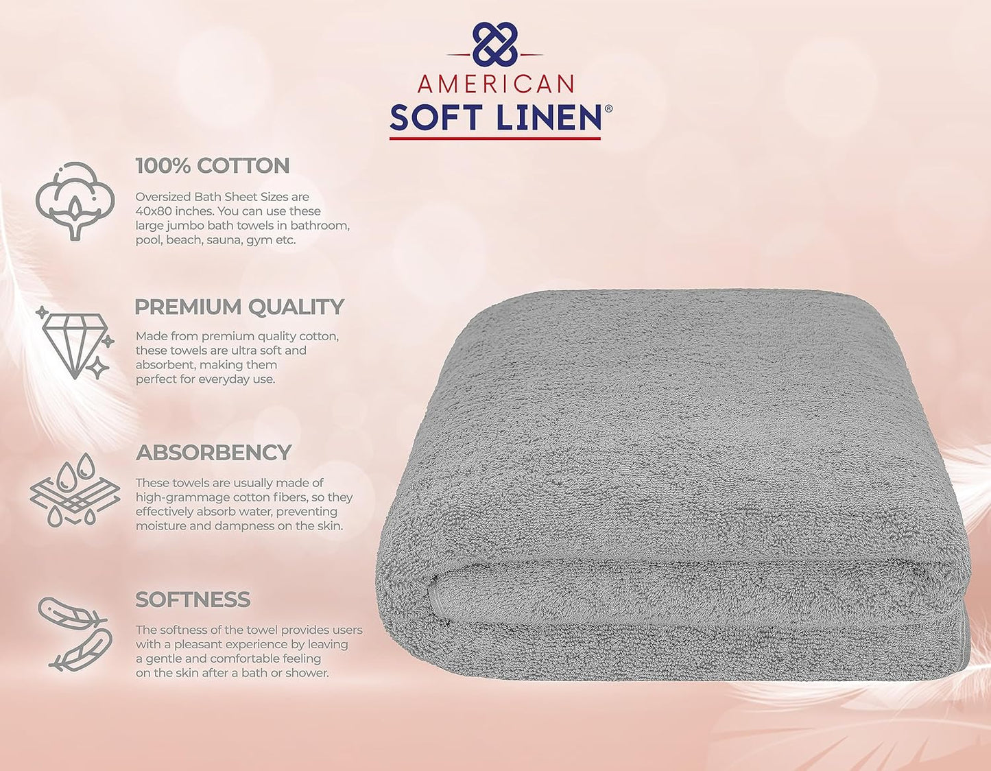 American Soft Linen Oversized Bath Sheet 40x80 Extra Large for Bathroom, 600 GSM 100% Cotton Turkish Jumbo Bathsheet Towels for Adults, Light Grey Bath Sheet