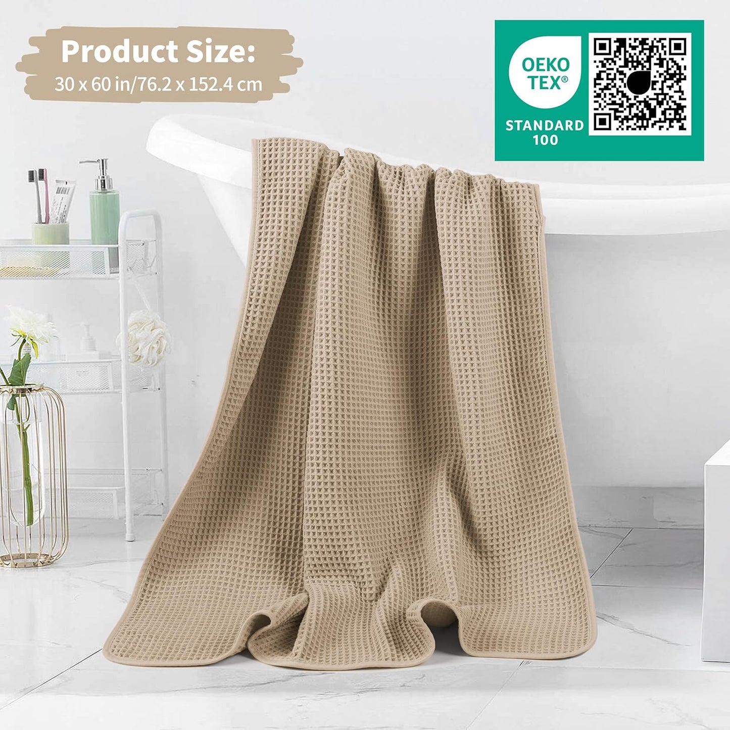 New Microfiber Waffle Bath Towels, 2 Pieces, Oversized, Soft, Absorbent, Fast Drying, Lint Free (Beige)