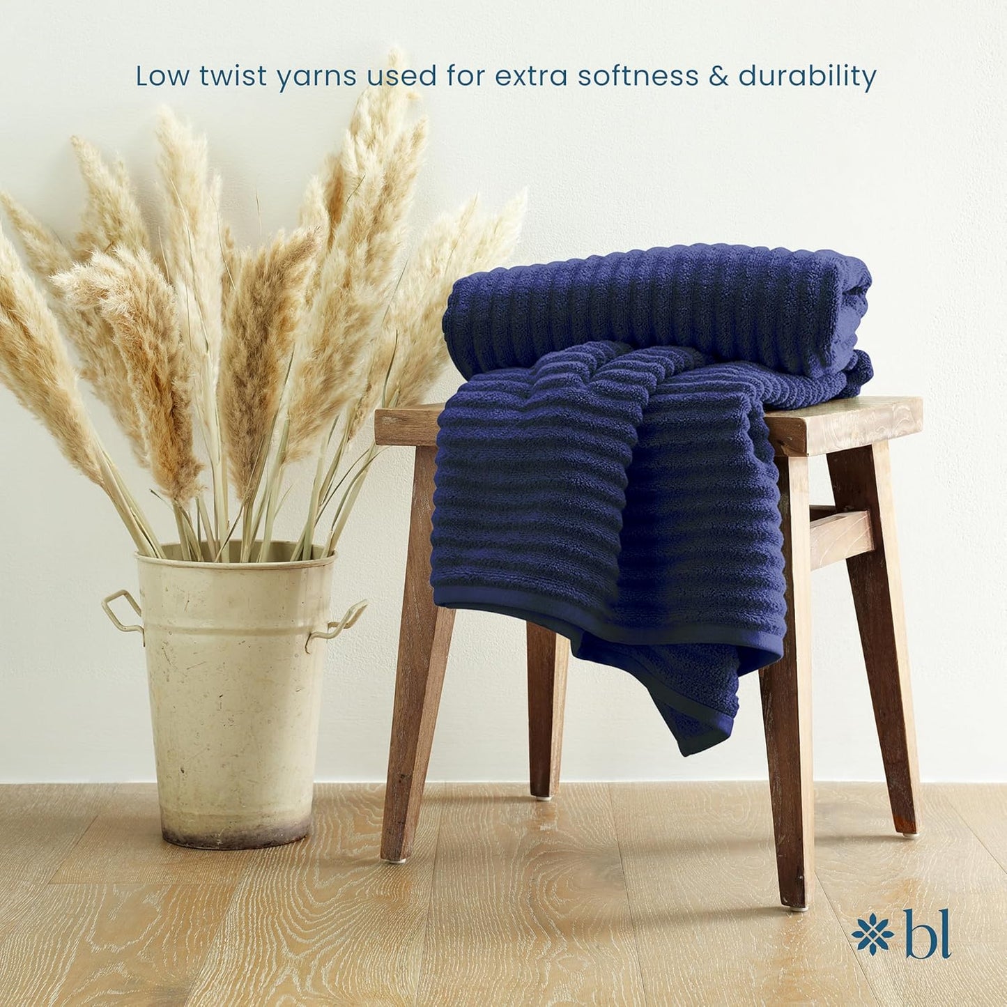 Blue Loom Ribbed Bath Towels Set, 100% Cotton 600GSM, Soft Absorbent Durable 2 Bath Towels, 2 Hand Towels, 2 Wash Cloths for Bathroom - Mason (58" x 30" inch Towels) (Navy, 6 Piece)