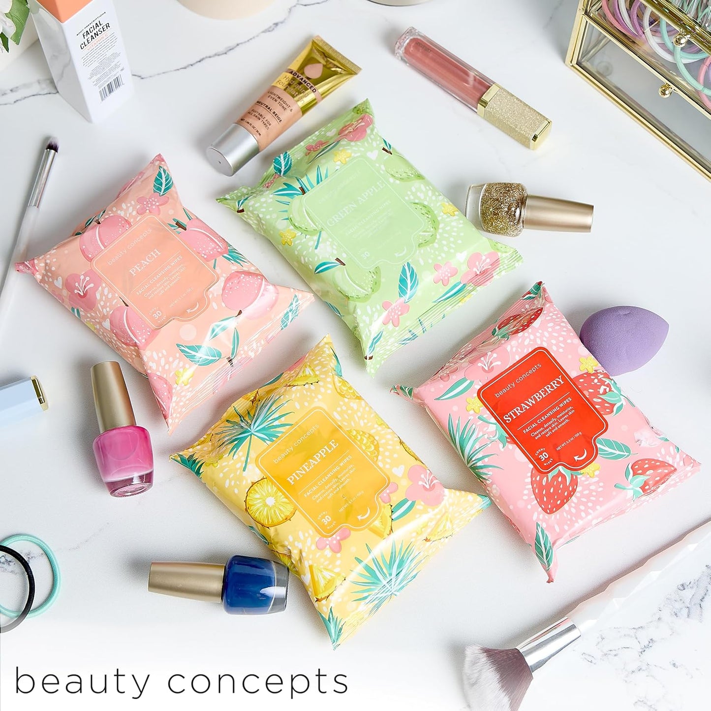 Beauty Concepts Facial Wipe Set - Packs of Face Wipes, Makeup Removing Wipes, Peach, Pineapple, Green Apple, Strawberry