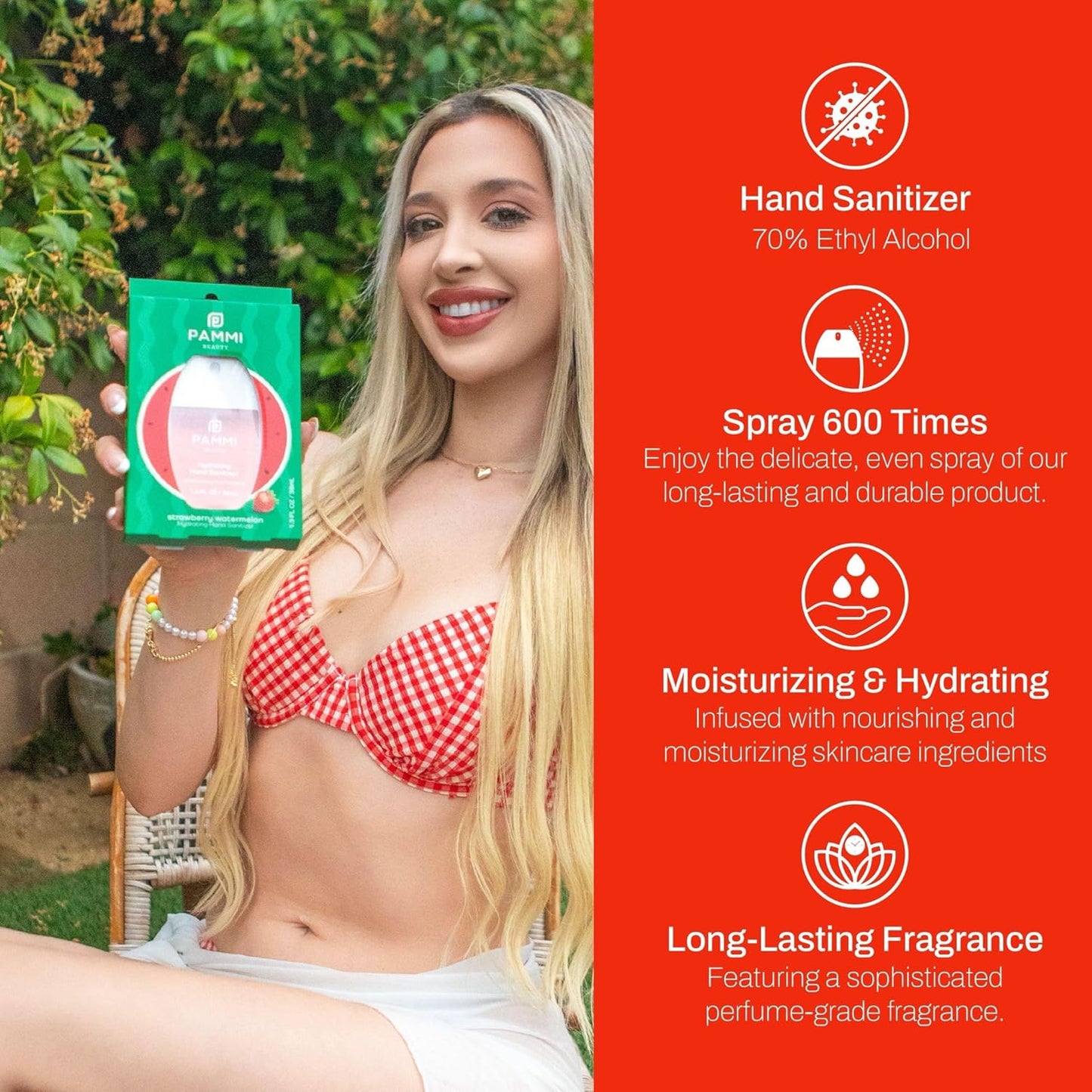 PAMMI Power Mist Hydrating Hand Sanitizer Spray, Portable Travel Size Pocket Hand Sanitizer, Scented Handsanitizer Mini Spray For Car - 600 Sprays (2 Packs (Strawberry Watermelon))