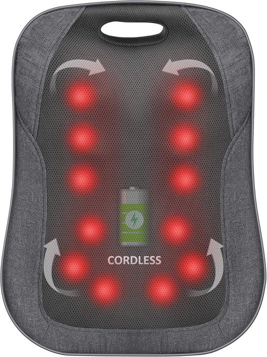 COMFIER Cordless Back Massager with Heat - Rechargeable Chair Massager, Shiatsu Massage Chair Pad with Adjustable Intensity,Portable Massage Cushion, Ideal Gifts for Men/Women