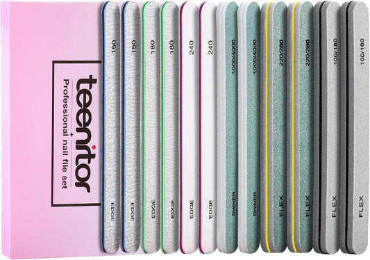 Teenitor Nail Buffer and Shine Kit, 12pcs Nail Files 100/180 Emery Boards for Natural Nails, Finger Nail File and Buffer Set for Nails, Nail Filer 240 Grit Nail File Buffing Block for Women