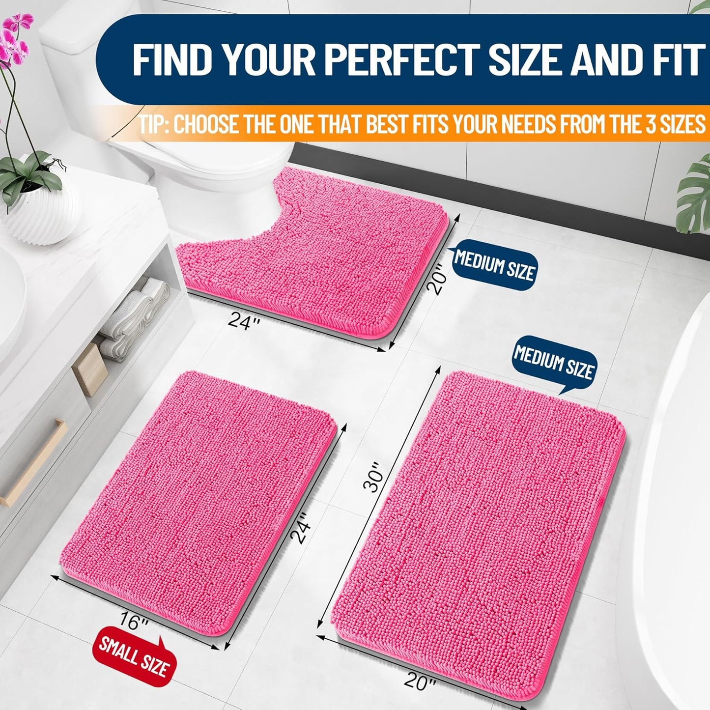 OLANLY Bathroom Rugs 24x16, Extra Soft Absorbent Chenille Bath Rugs, Rubber Backing Quick Dry, Machine Washable Bath Mats for Bathroom Floor, Tub and Shower, Home Decor Accessories, Hot Pink