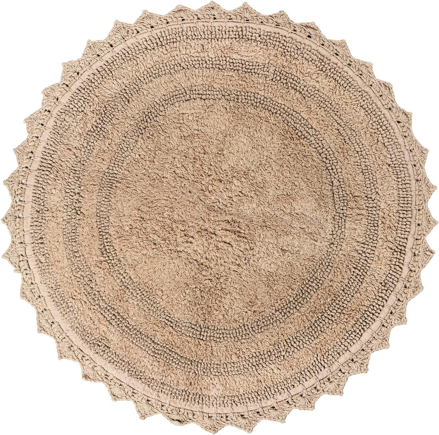 RAJRANG Circle Bathroom Mat for Kitchen and Spa with Crochet Pattern Cotton Absorbent Soft Reversible Woven Bath Rug Sand Round 24 Inches