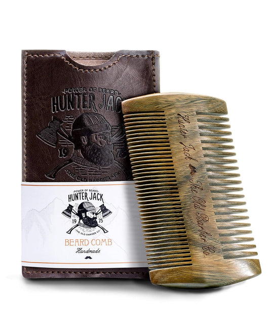 Sandalwood Beard Comb for Men - Handmade Premium Wooden Beard & Mustache Comb - Fine & Wide Tooth - Travel Pocket Size - Beard Grooming Kit for Men in PU Leather Case by Hunter Jack