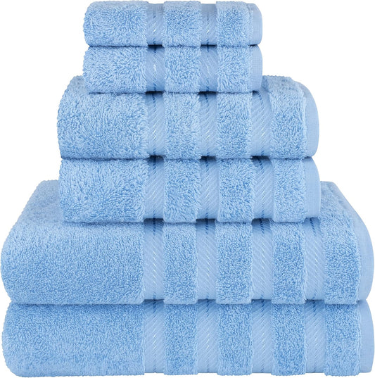 American Soft Linen Luxury 6 Piece Towel Set, 2 Bath Towels 2 Hand Towel 2 Washcloths, 600 GSM 100% Cotton Turkish Towels for Bathroom, Sky Blue Towel Sets