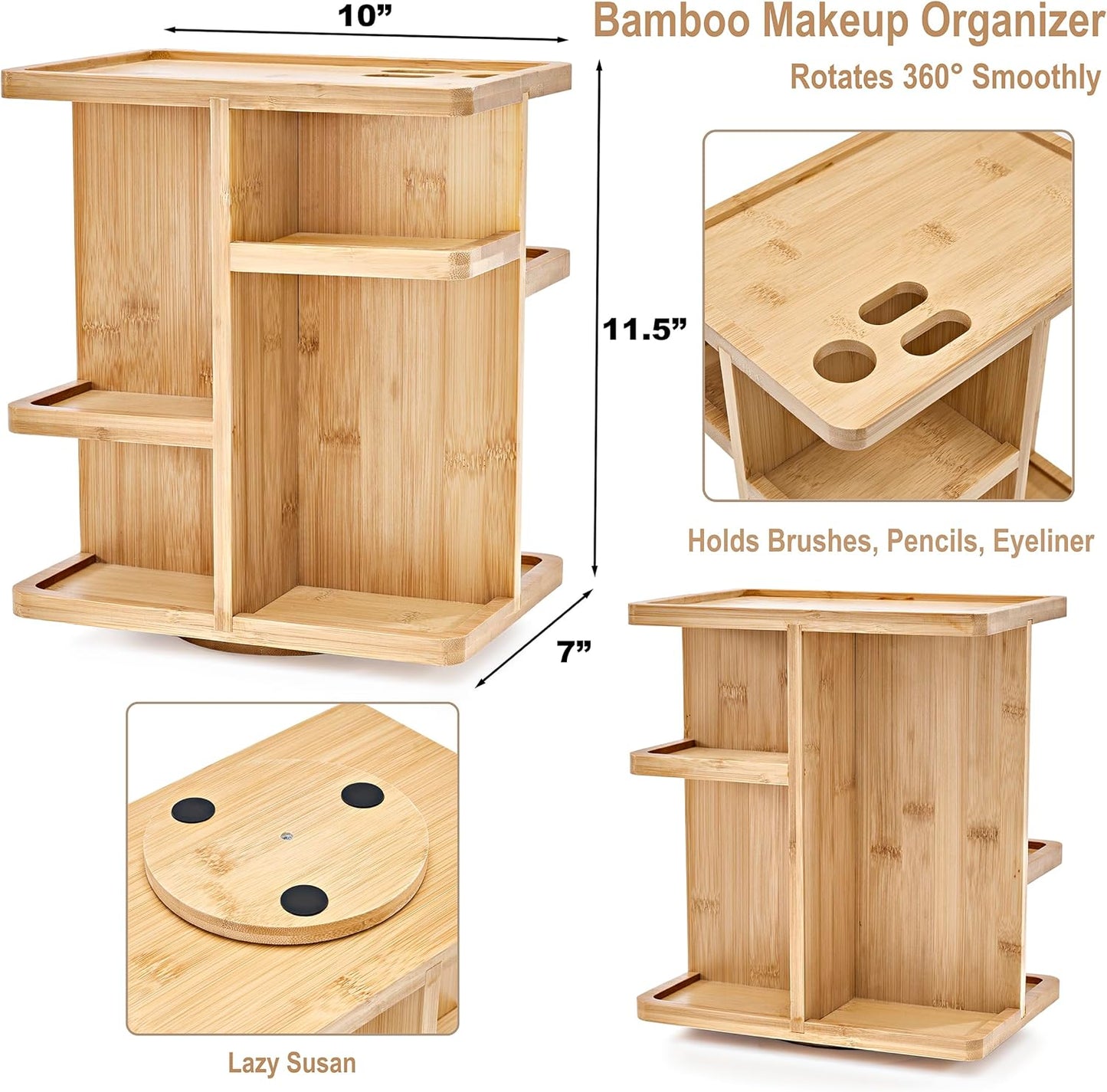 Sorbus 360° Makeup Organizer - Bamboo Wood Make Up Storage Carousel for Cosmetics, Skin Care Rotating Makeup Organizer for Vanity, Bathroom Storage