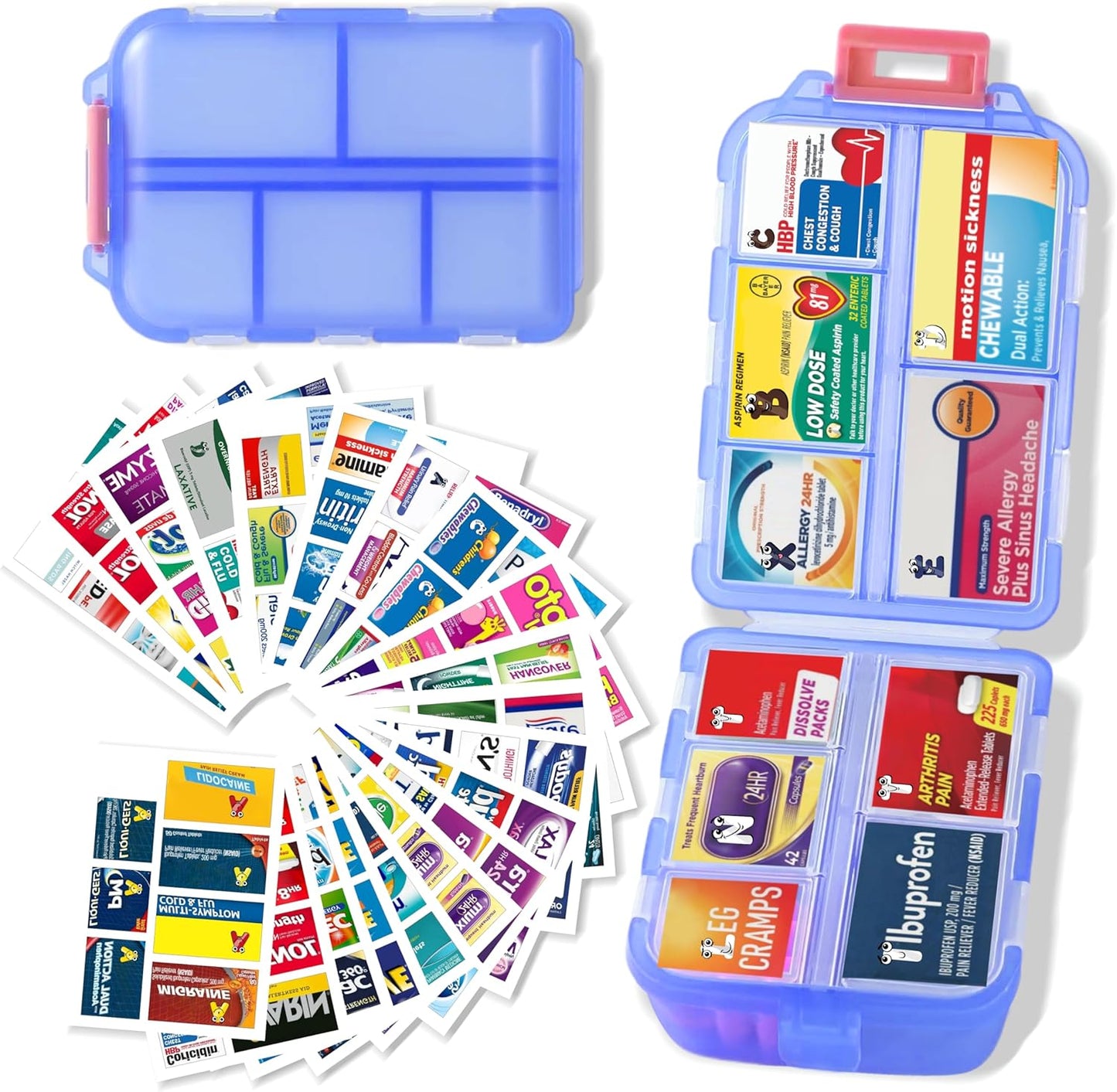 Large Daily Pill Container with Medicine Labels - 7 Day Mini Medication Organizer (Blue, 161 Labels)